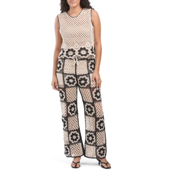 SOLITAIRE tan/black Crochet Flower Set Pants And Tank